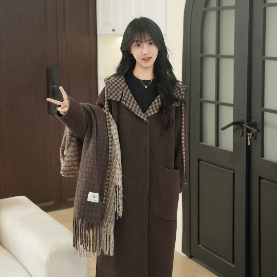 双面双穿连帽格子毛呢外套