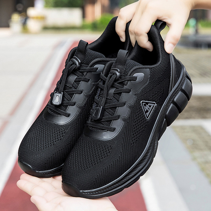 黑色网面透气运动鞋女冬季防滑软底休闲鞋舒适不累脚男士健步鞋
