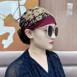 新款蕾丝凤尾花盘发帽妈妈透气洋气束发头巾帽遮盖白发女士中老年