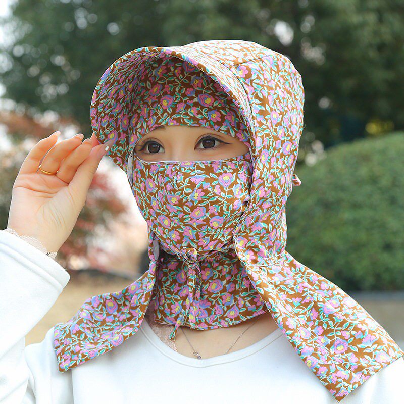 春夏碎花防晒口罩遮阳帽子女户外干活遮脸面罩护颈防紫外线采茶帽