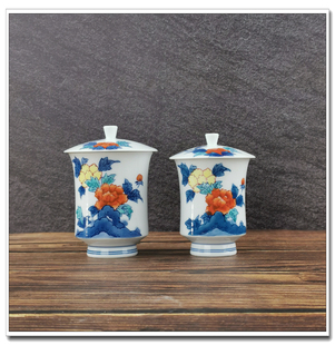 国内现货日本进口陶瓷锅岛烧鲁山窑岩牡丹样夫妻盖杯日式茶杯茶具