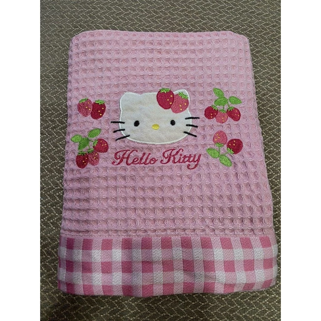 绝版收藏1997年日本制草莓Hello Kitty粉红华夫格纯棉大浴巾