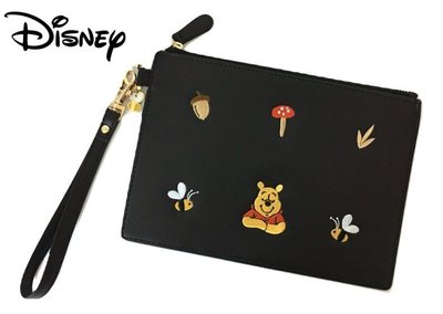 日本进口 Disney小熊维尼商品黑色刺绣手拿包化妆包