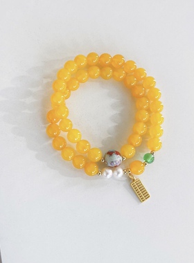 冰种橘子石双圈手链 8毫米 四叶石 坠如意算盘