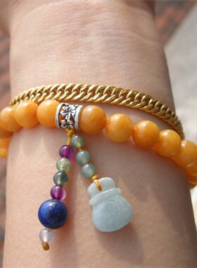 老黄玉8毫米 925银路路通 翡翠钱袋 青金石 设计款 女生手链