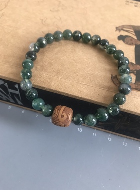 五行补木手链 绿色幽灵玛瑙 桃木雕花珠 女款 男款