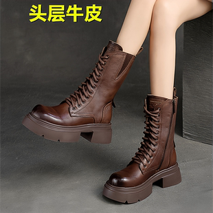头层牛皮~冬季女鞋复古真皮骑士靴中筒加绒短靴厚底英伦风马丁靴