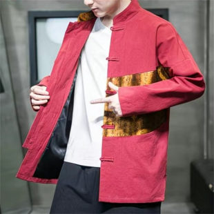 26C7C1春秋款 汉服潮流亚麻复古风盘扣夹克外套 中国风棉麻撞色唐装