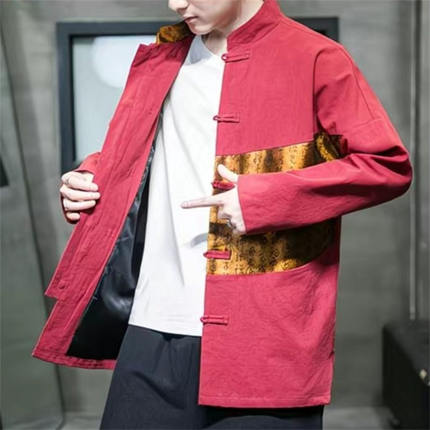 26C7C1春秋款中国风棉麻撞色唐装汉服潮流亚麻复古风盘扣夹克外套