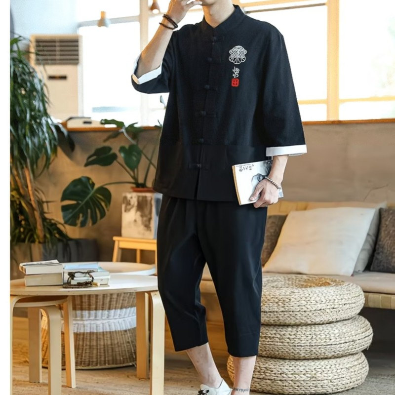 中式复古盘扣茶禅居士服套装图片
