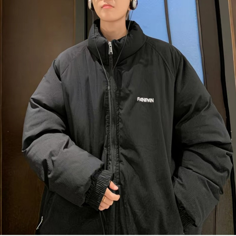 25B10A4美式立领肌理感条纹棉服冬季宽松休闲加厚面包服棉衣外套