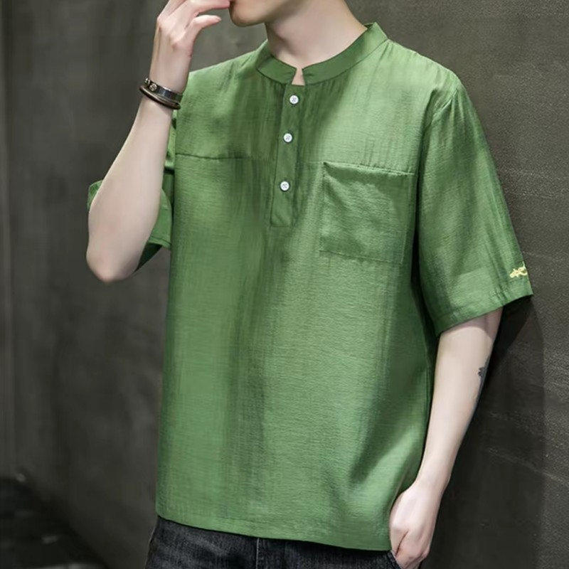 25B9A1新中式立领t恤夏季薄款大码短袖茶禅服复古风亚麻半袖体恤