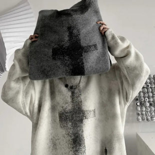 套头外套 情侣款 MY54美式 复古圆领毛衣秋冬痞帅设计感十字架针织衫