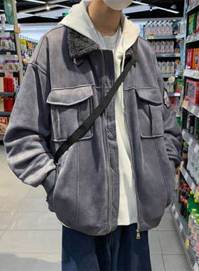 25B11B1美式复古仿麂皮绒情侣外套男女秋冬皮毛一体保暖翻领棉衣