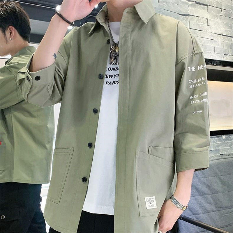 1901工装衬衫新款韩版男士全棉中袖衬衣青少年时尚个性百搭潮外套