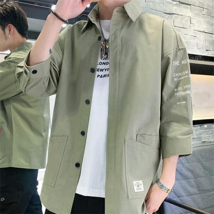 1901工装衬衫新款韩版男士全棉中袖衬衣青少年时尚个性百搭潮外套