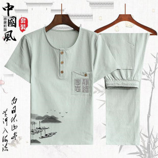 26D4A3中国风短袖棉麻套装男唐装青年中山装禅服夏季复古风两件套