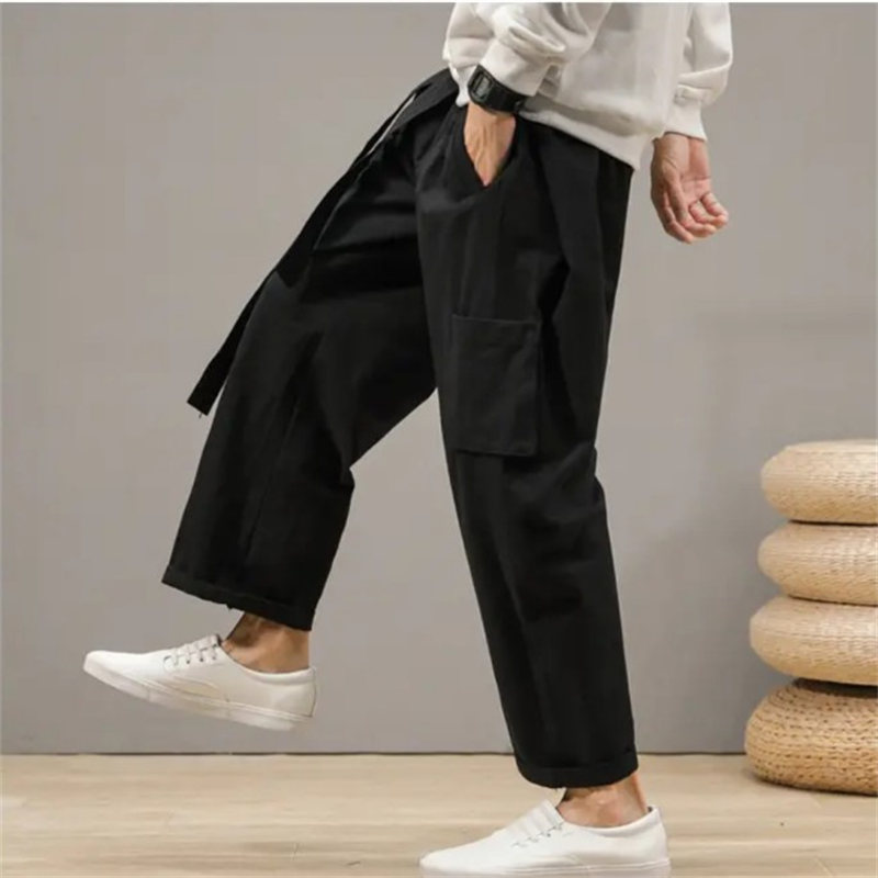 中国风亚麻工装多袋裤子