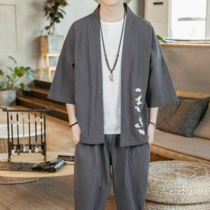 中国风男装套装夏季复古风刺绣道袍七分袖外搭两件套汉服唐装一套