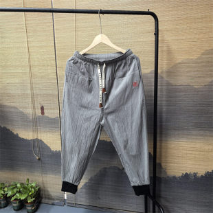 宽松九分哈伦裤 潮流休闲棉麻束脚裤 子男士 26C1A1春夏复古风多袋裤