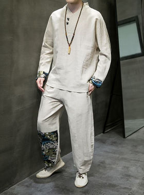 26C7C2亚麻长袖t恤套装男士春夏季中国风撞色汉服棉麻居士茶禅服