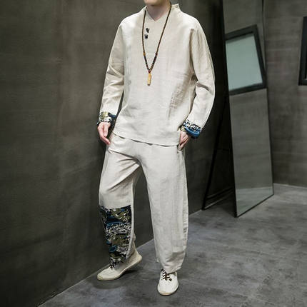 26C7C2亚麻长袖t恤套装男士春夏季中国风撞色汉服棉麻居士茶禅服