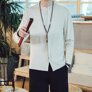 亚麻衬衣立领唐装 男长袖 上衣 中国风复古风祥云刺绣衬衫 25D2B1秋季