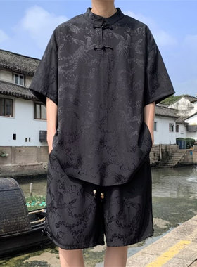 26A3C4新中式男女龙纹提花冰丝短袖套头衬衫套装国风提花裤子一套