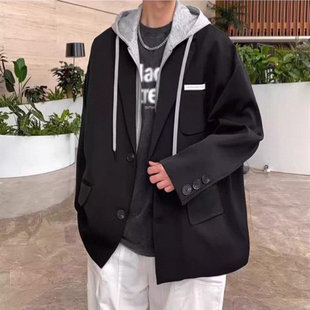 25C6D3假两件连帽小西服男春秋季 高级感帅气外套 港风宽松休闲西装