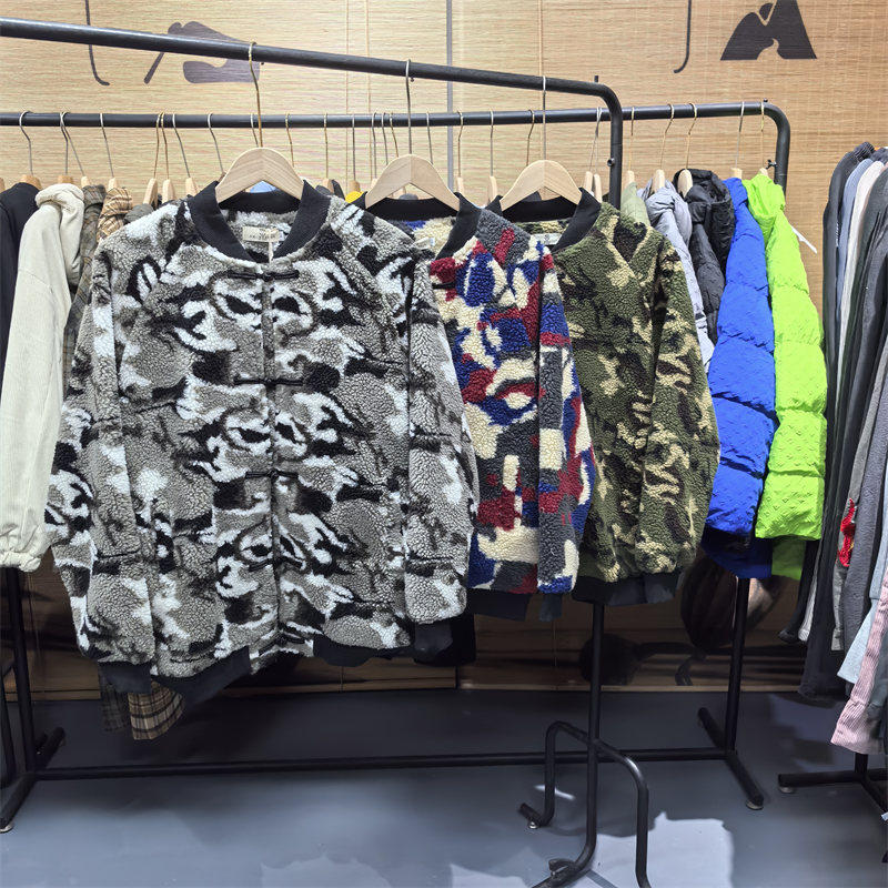 25C5D1新春仿羊羔绒棒球服棉衣外套秋冬季男女中国风盘扣迷彩棉服