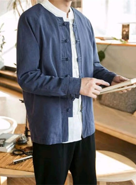 26D2B1新中式唐装古装改良汉服中国风男装居士棉麻外套复古茶禅服