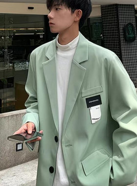 25C2A4港风ins贴标西装外套秋季加肥加大码宽松痞帅休闲西服上衣