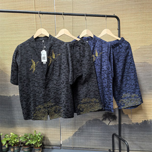 新款 新中式 中国风亚麻短袖 套装 休闲汉服棉麻两件套 开衫 26C9C2夏季