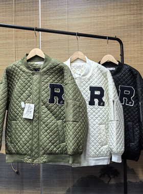 25B8B8棒球领菱形格子棉服秋冬百搭薄款棉衣高档休闲保暖夹棉外套