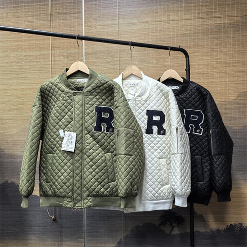 棒球领菱形格子棉服保暖夹棉外套