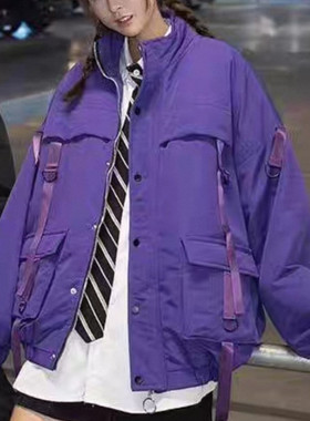 26B2D2工装棉衣外套冬季设计感飘带立领棉服港风宽松情侣紫色棉袄