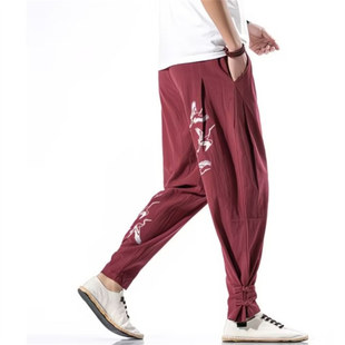 26A6C1中国风刺绣复古棉麻九分裤 汉服大码 宽松盘扣束脚灯笼裤 唐装