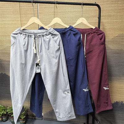 26D2D2唐装棉麻男裤中国风宽松亚麻休闲萝卜裤盘扣刺绣灯笼哈伦裤