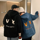 两面穿仿羊羔毛绒棉衣外套港风潮流宽松连帽情侣装 YK03秋冬季 新款