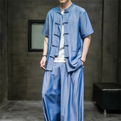 冰丝速干牛仔茶服半袖 25D5A2中国风唐装 盘扣衬衣 夏季 中式 短袖 衬衫