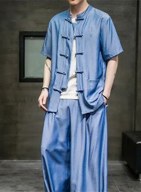 25D5A2中国风唐装短袖衬衫夏季中式冰丝速干牛仔茶服半袖盘扣衬衣