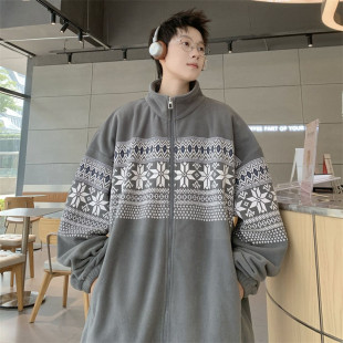 情侣慵懒宽松潮流外套 卫衣夹克春季 26C10A1美式 复古摇粒绒拉链衫