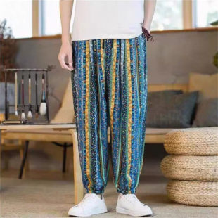 灯笼哈伦裤 民族风宽松大码 印花棉麻束脚九分裤 26C4A2中国风春夏季