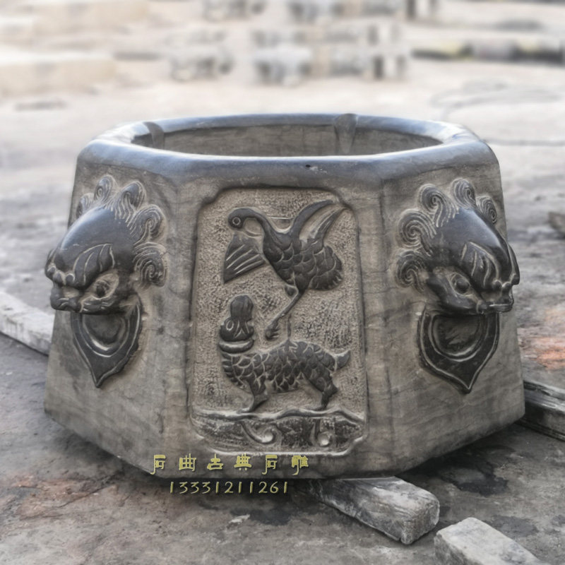 仿古建筑石雕石狮子兽头雕花青石井口别墅庭院花园石头古井台石盆