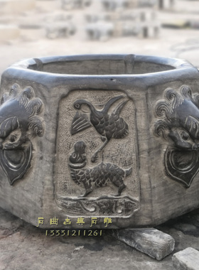 仿古建筑石雕石狮子兽头雕花青石井口别墅庭院花园石头古井台石盆