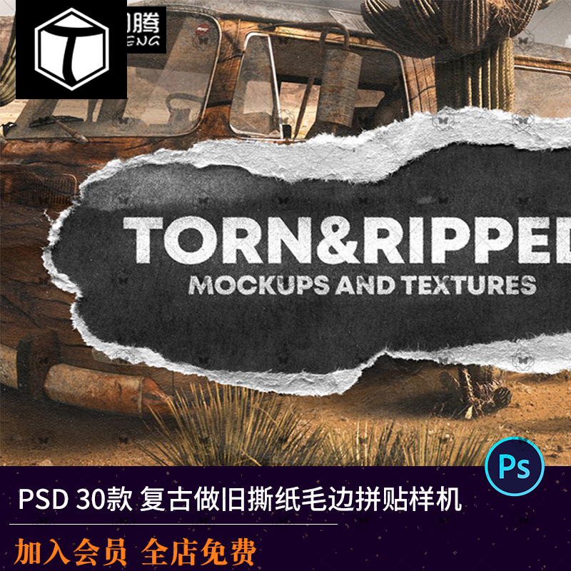 潮流复古做旧撕纸毛边拼贴纸片纸纹效果设计PSD贴图样机素材模板