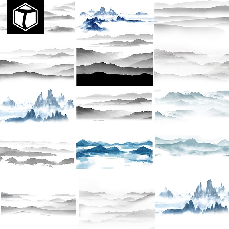 古典中国风传统水墨画山水画山峰云雾山背景PSD元素PNG设计素材图