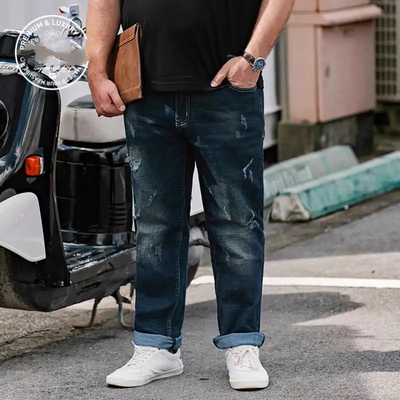 格里sen！大码男士做旧破洞牛仔裤 宽松弹力潮牌胖子直筒牛仔长裤