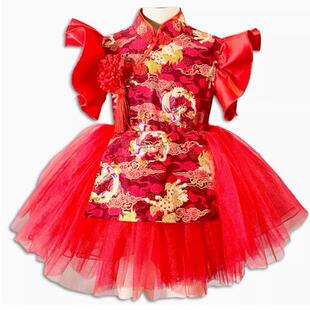 儿童蓬蓬纱裙演出服中国风喜庆大红色表演服幼儿中国风纱裙定制