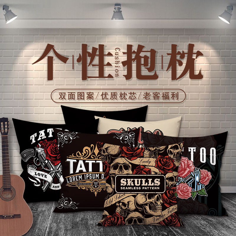 来图定制骷髅刺青纹身店装饰靠枕客厅沙发玫瑰靠垫寝室宿舍抱枕